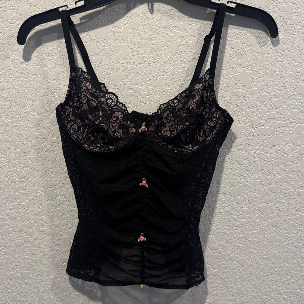 Betsey Johnson Women Black Lace Lingerie Top Size M Sheer